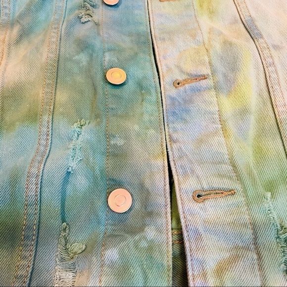 Festival Hand tie dyed distressed ripped jean jacket M - Picture 5 of 14